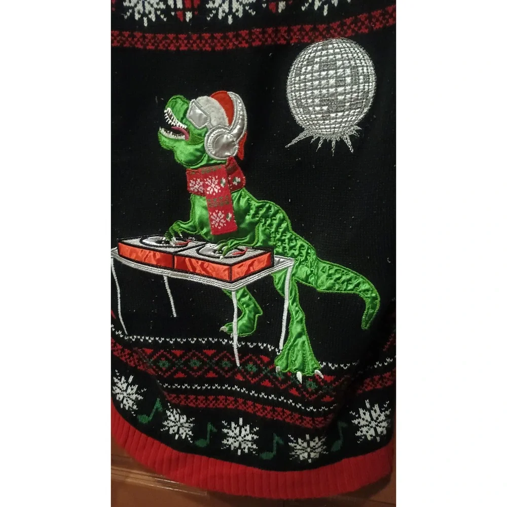Holiday Time DJ T-Rex Sweater  XXL Black Ugly Christmas Dinosaur